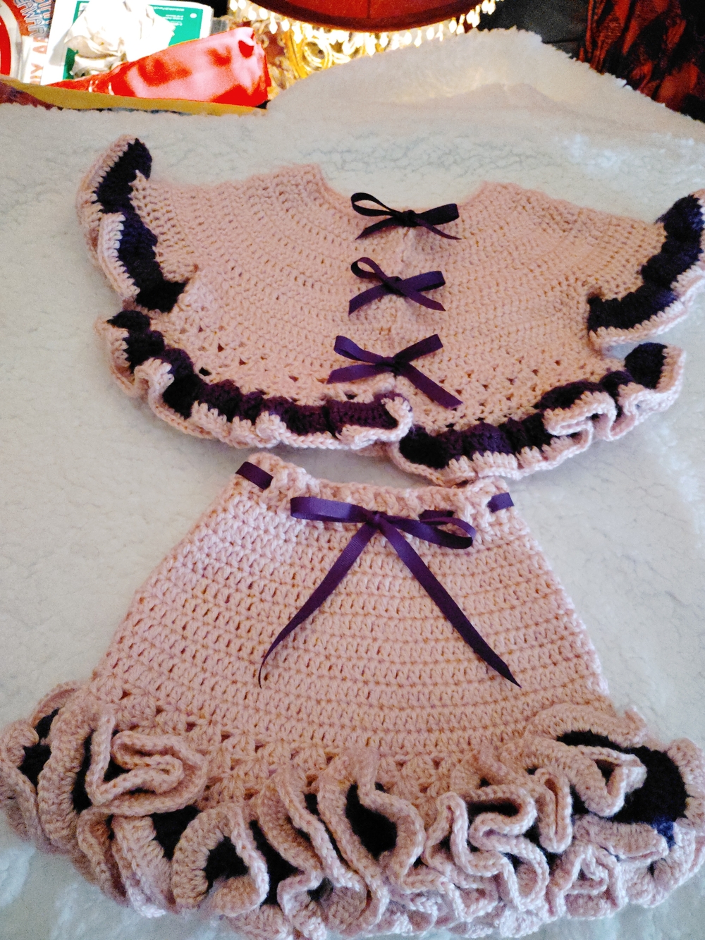 Handmade Pink Crochet Two-Piece Set with Purple Ribbon Accents